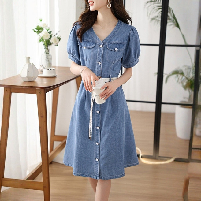 LUNATURE 여성 데님 반팔 벨트 원피스 빅사이즈 A 라인 셔츠