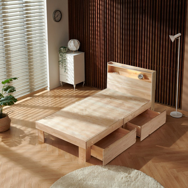 굿모닝침대 편백나무 원목 LED 수납 서랍형 통판침대프레임 미니.세미.싱글침대 매트리스선택, LED 수납 서랍형-침대프레임