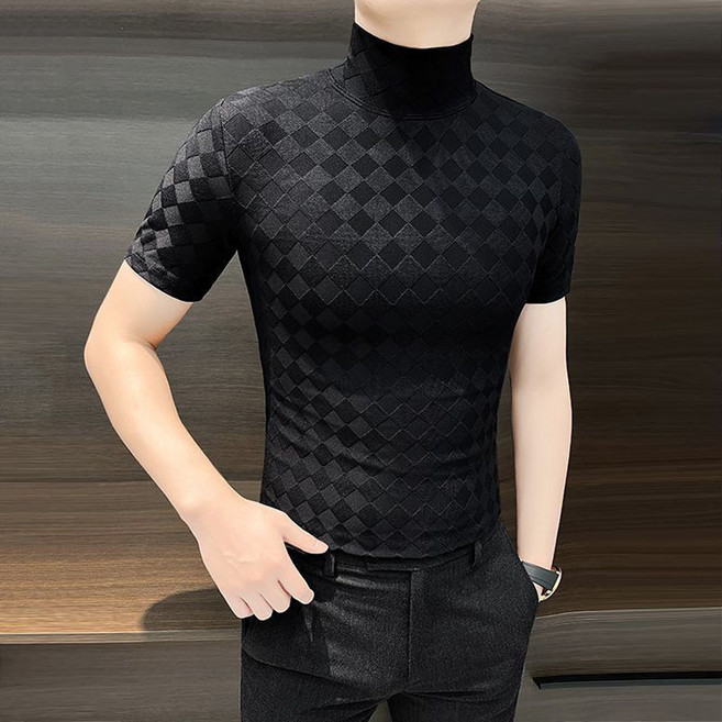 FANSYLI 남성 폴라티 고급 비즈니스 캐주얼 티셔츠 빅사이즈 심플 슬림 반팔 니트티 기본 정장 이너티 X2601J13