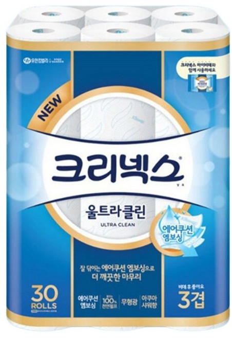 크리넥스 울트라클린 3겹 30롤 비데 화장지, 1박스