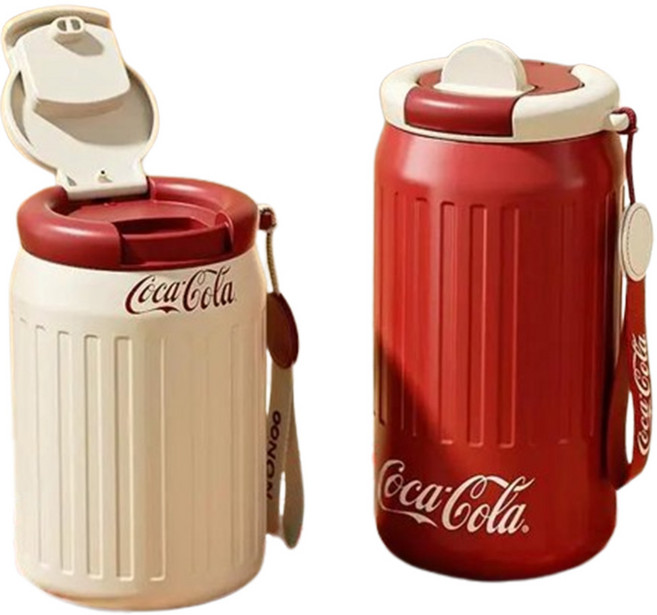 이누아 코카콜라 보온 텀블러 보온병 물병 손잡이 미니 스텐컵 보냉 스포츠 대용량 티 커피 원터치 텀블러컵 휴대용 컵 빈티지 복고 350ML 450ML, 화이트, 1개