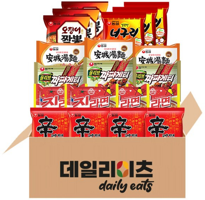 [데일리이츠] 봉지라면 낱개 농심 오뚜기 6종 20개입 (신라면4 + 진라면매운맛4 + 짜파게티3 + 안성탕면3 + 오징어짬뽕3 + 너구리3), 1세트