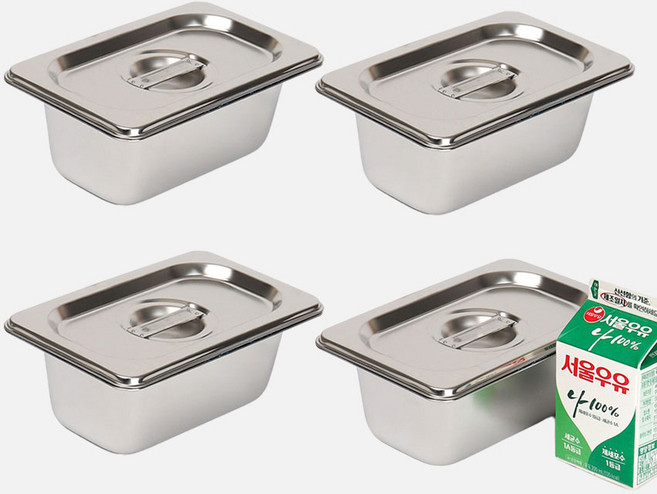 강화 스텐 사각 밧드+뚜껑 세트 주방용 냉장고 반찬 바트 용기, 4세트, 2인치 몸체+뚜껑