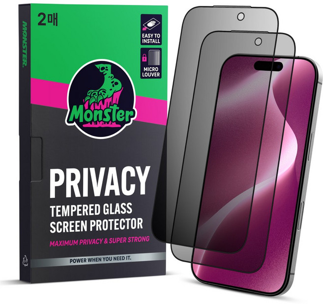몬스터 사생활보호 슈퍼강력 강화유리 휴대폰 액정보호필름 2매 + 똥손탈출 부착틀, 1세트