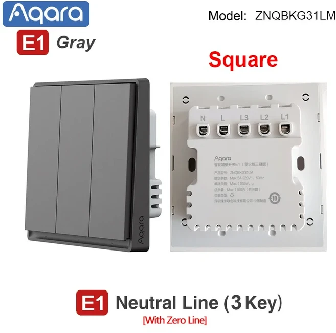 Aqara 스마트 벽 스위치 E1 버전 무선 스위치 Zigbee 3.0 중립 하나의 키 원격 제어 Mi Home Homekt APP, 01 CHINA, 05 Neutral 1Key Gray