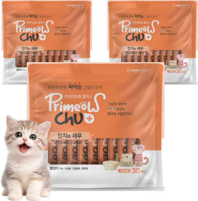 프리미요츄 플러스 고양이 짜먹는간식 대용량 30P, 3개, 300g, 참치+새우혼합맛