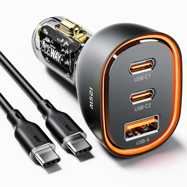 코드웨이 125w 3포트 2C+1A 차량용 시거잭 자동차 고속 충전기, 블랙 - 쿠팡
