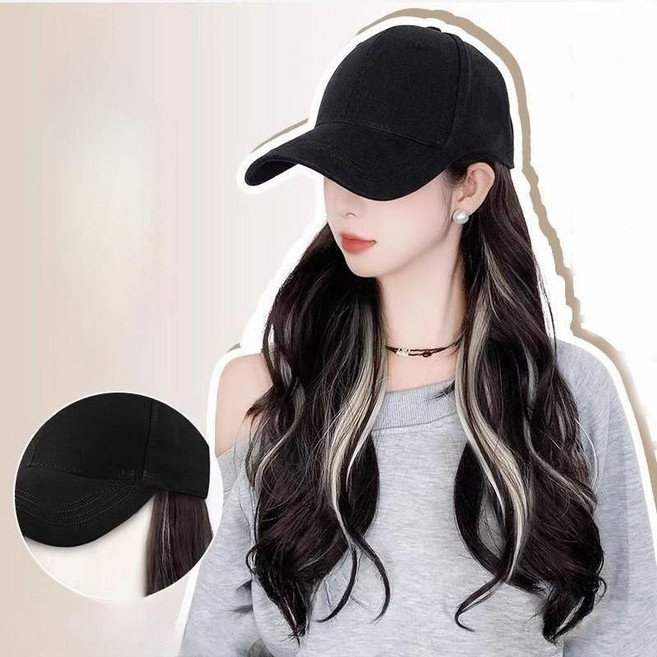 티류으스 캡 가발모자 일체형 여성 하이라이트 빅웨이브 다양한스타일링 데일리 Z0407, 1개, 갈색과 검정  화이트 티그레이