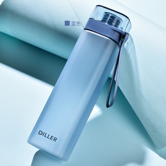 DILLER 簡約方形水杯 運動水壺, 藍色-磨砂款,400ML, 1個