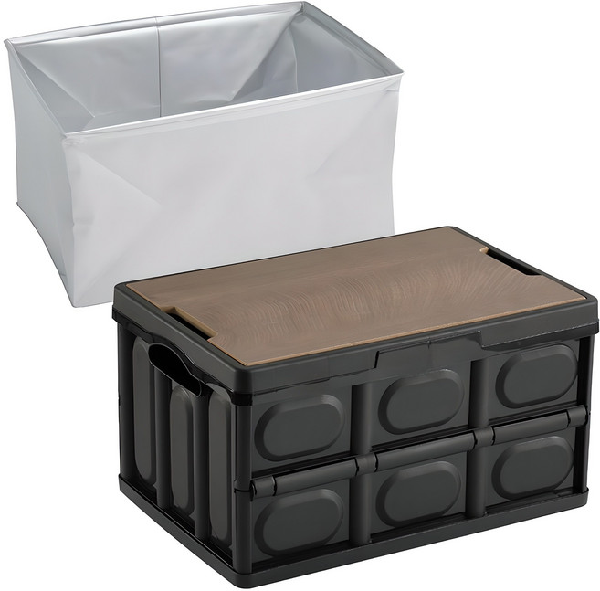 아이엠듀 트렁크 앤 캠핑 폴딩 박스 정리함 56L + 우드상판 + 방수팩 세트상품, 블랙