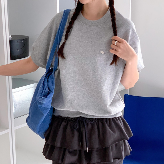 여성 나그랑 백포인트 무지 반팔 맨투맨 데일리룩 오버핏 스웨트셔츠