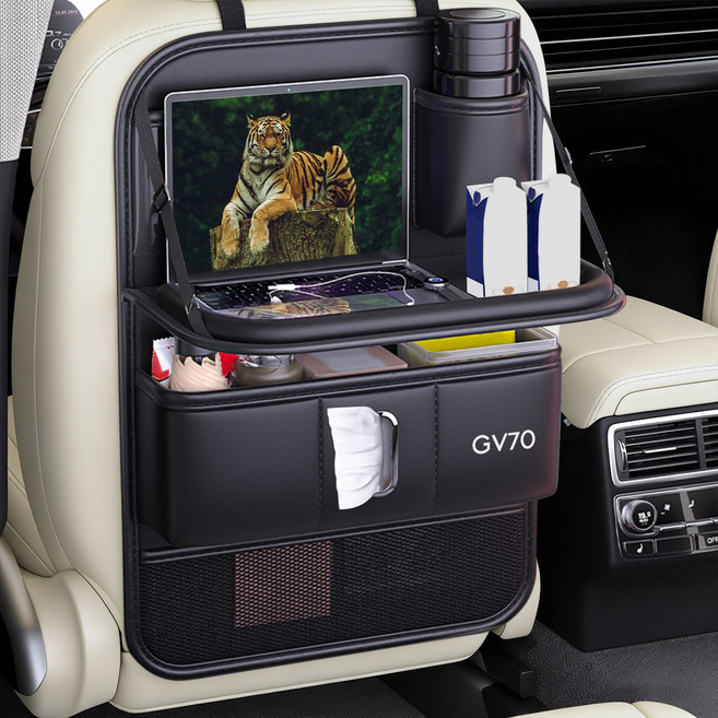 Ryusei 차량용 가죽 멀티 테이블 수납함 제네시스 호환 G90 G80 GV70 GV80 각인 2in1 자동차 시트 수납포켓 뒷좌석 킥커버 다용도 수납함 발자국 방지 R103, GV70-black, 1개