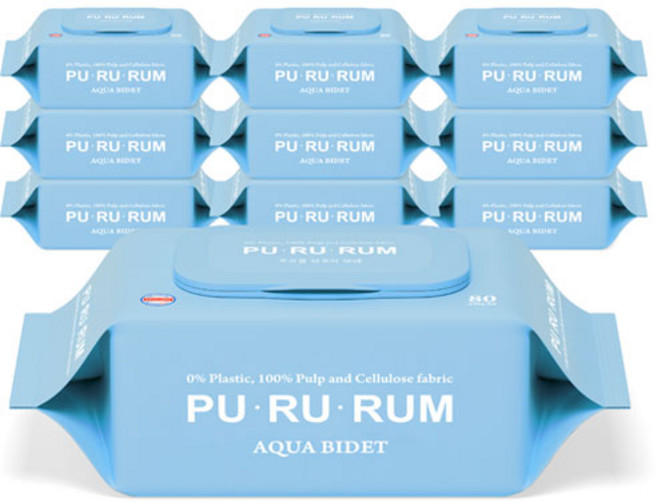 푸르름 플라스틱0% 아쿠아 비데 화장실용 물티슈 무향, 10개, 80매, 60g