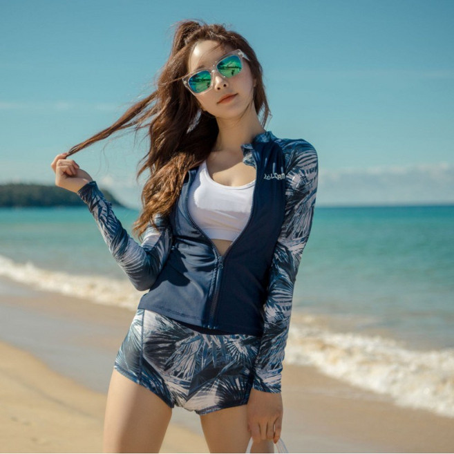 高端女防曬潛水服 長袖泳衣水母衣 衝浪服, 藏青拉鏈上衣,S