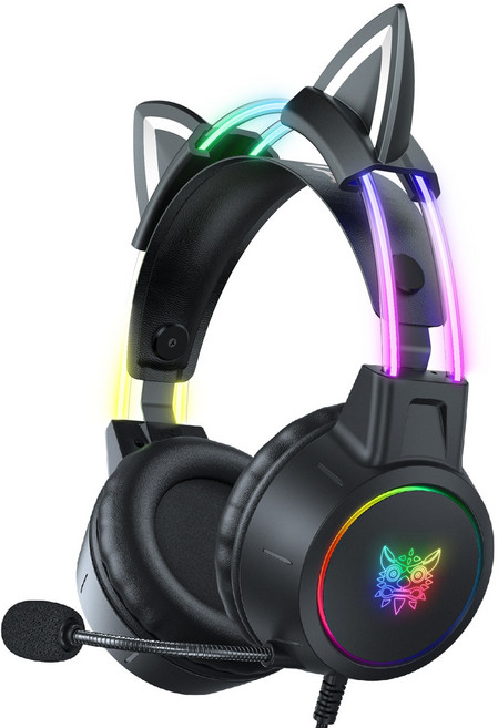 ONIKUMA 고양이귀 유선 RGB 게이밍 헤드셋 가상 7.1 usb 노이즈캔슬링 마이크 X15 PRO, 블랙