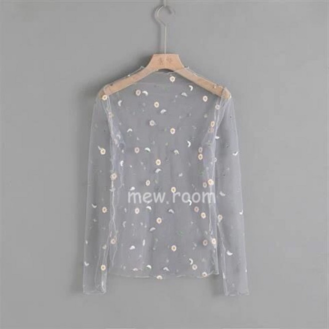mew room 小雛菊網紗透膚長袖上衣 灰色款