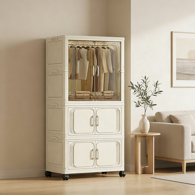 대용량 접이식 수납장 가정용 다용도 옷장 이동식 수납정리함, 1단 옷장+2단 수납장