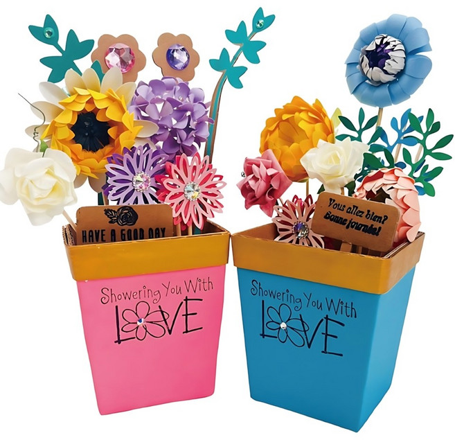 초등미술 꽃만들기 색칠놀이용 조립 종이화분/ 도안꾸미기 학교미술 순서대로접기, 5개, 1색