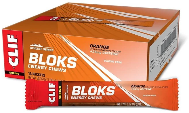 CLIF BLOKS - 카페인 함유 오렌지 맛 에너지 츄 GMO 프리 식물 기반 사이클링 및 달리기를 위한 빠른 연료 탄수화물 전해질 60g(2.1온스) (18개) 216416, 1 - 쿠팡