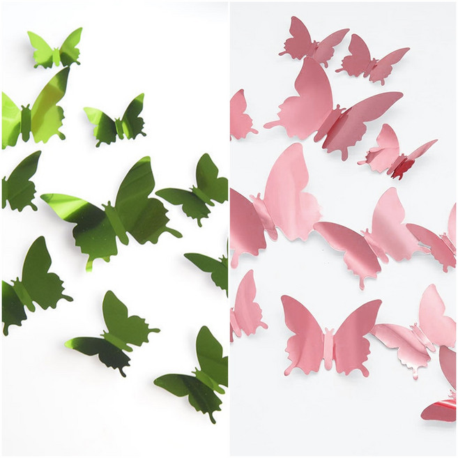 예삐스토어 12p 입체 나비 포인트 벽장식 자석부착 스티커 3d 벽지 데코 아이방, 그린+로즈핑크