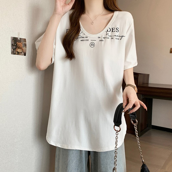 스타일아유 U넥 심플 레터링 프린트 반팔 루즈핏 여자 빅사이즈 캐주얼 라운드넥 티셔츠 TS2719