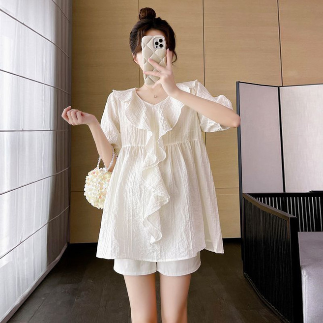 임산부 여름 블라우스 여성용 여름 빅사이즈 편안한 매력적인 프릴 장식 임산부 와이드 티셔츠 상의 JXH