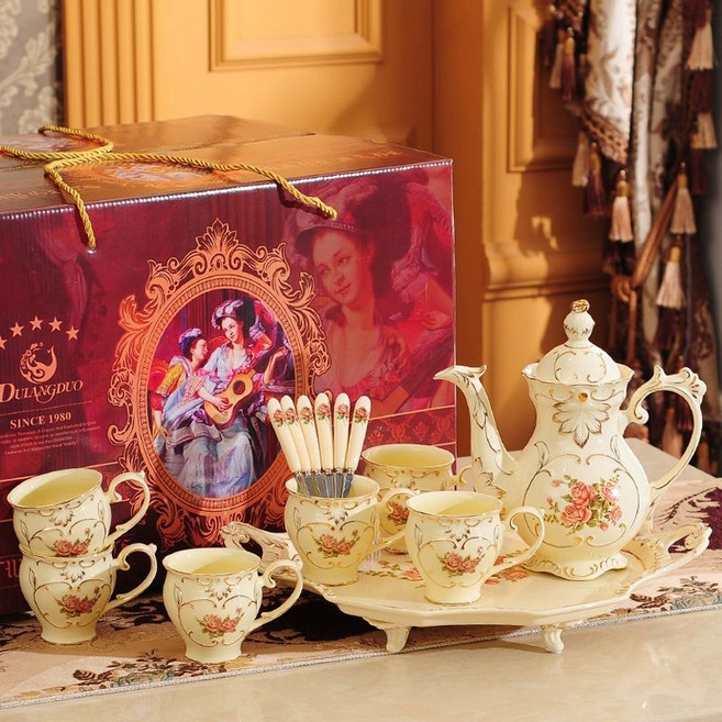 세라믹 유럽풍 컵 티스푼 대용량 접시 귀여운 에이스, 1개, 1L, 장미 컬러박스 포장