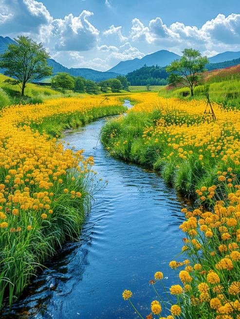 재물운 봄 풍경화 물감 붓 꽃밭 호수 푸른 하늘 구름 물그림 금전운에 좋은 풍수 DIY명화그리기 유화그리기, 30x40cm+물감세트+붓, 물그림 풍경화그리기4, 1개