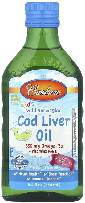 Carlson 어린이용 노르웨이야생 대구 간유 + 비타민A 및 D3 버블검 250ml(8.4fl oz), Carlson어린이용노르웨이야생대구간유비타민A및D3버블, 1개, 250ml - 쿠팡