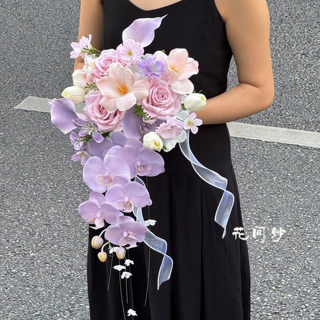 森系高級感紫色仿真花瀑布水滴形手捧花 結婚花束, 1個, 【熱銷新品+】主圖款手捧花成品