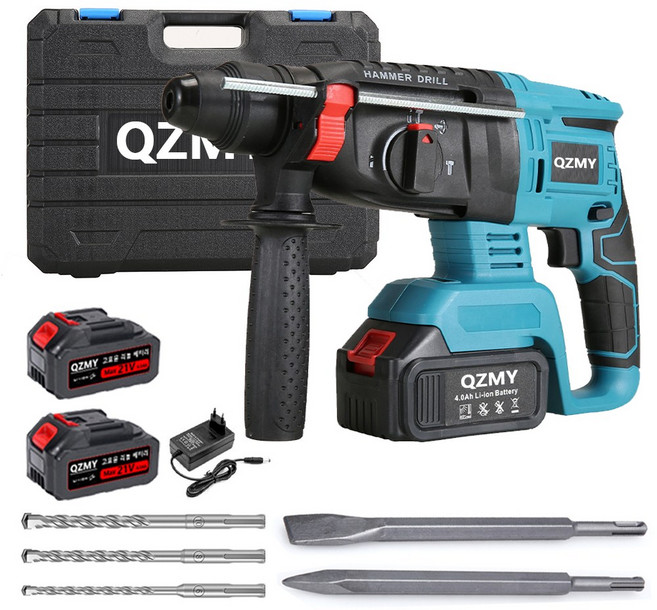 QZMY 독일기술 21V 무선 충전식 전기 파괴 함마 곡괭이 고출력 해머드릴 브러쉬리스 모터 핸드 전동 임팩트 드릴 콘크리트 전문 끌벽 자갈펀칭 4000mah배터리 총2개, 1개