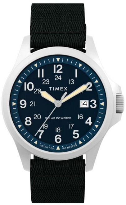 Timex 남성용 익스페디션 필드 솔라 41mm 시계 - 블랙 스트랩 블루 다이얼 스테인리스 스틸 케이스