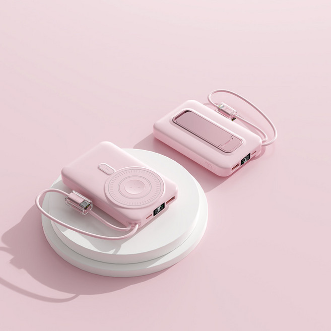 PYHO 20000mAh 보조배터리 PD22.5W 무선충전 맥세이프자석식 보조배터리 일체형 케이블 기내반입 가능, 핑크