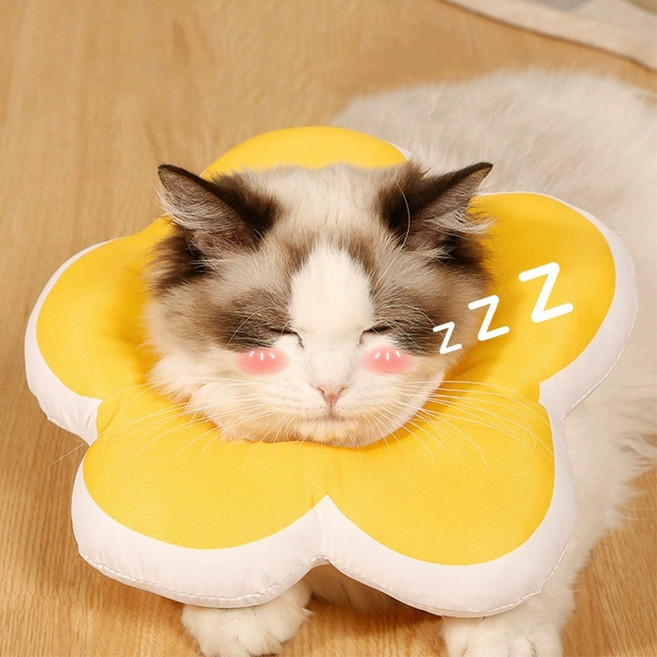 강아지 고양이 플라워 넥카라 반려동물 방수 초경량 목화솜 쿠션 동글이 꿀잠카라, 1개, 옐로우