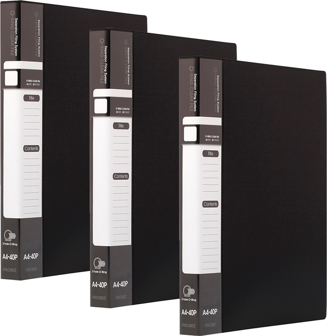 프로비즈 3공 O링 클리어파일 바인더화일 40매, 3개, 블랙