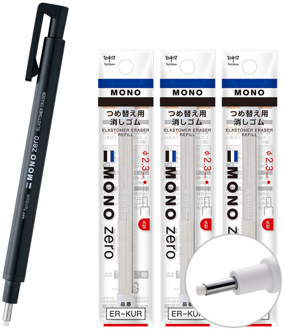 톰보 모노 제로 샤프형 지우개, 본품1+리필3, 1세트, 블랙 라운드 모노