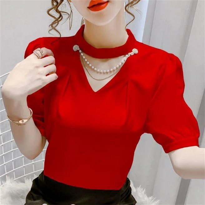 TKX 여성 반팔 블라우스 하이넥 진주 체인 포인트 오피스룩 슬림핏 여름 패션