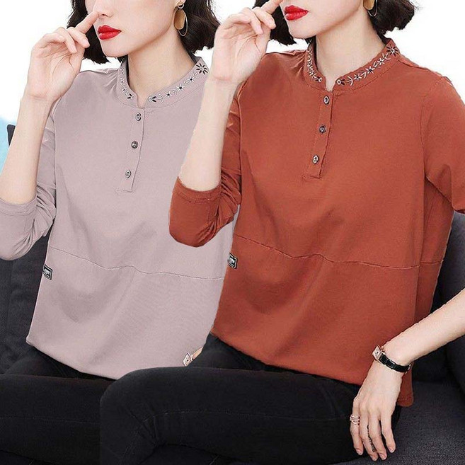 TIMEPURE 중년여성 반집업 꽃 자수 긴팔 티 라운드넥 빅사이즈 레이어드 가을봄 긴소매 티셔츠 프린트 캐주얼 데일리 베이직 이너 상의