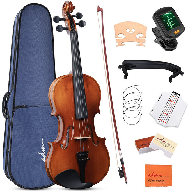 ADM 바이올린 4/4 풀사이즈 세트 초보자 풀패키지 (케이스 포함), 글러시 브라운, 1개