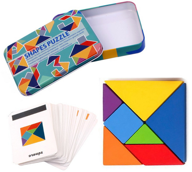 틴케이스 원목 칠교모양퍼즐 보관함 활동카드 칠교퍼즐7피스+양면카드60장, 1인용, 1개