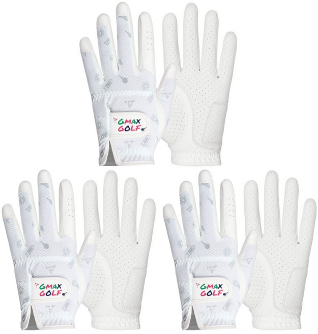 메쉬 반양피 여성 양손 골프장갑 3세트, 화이트