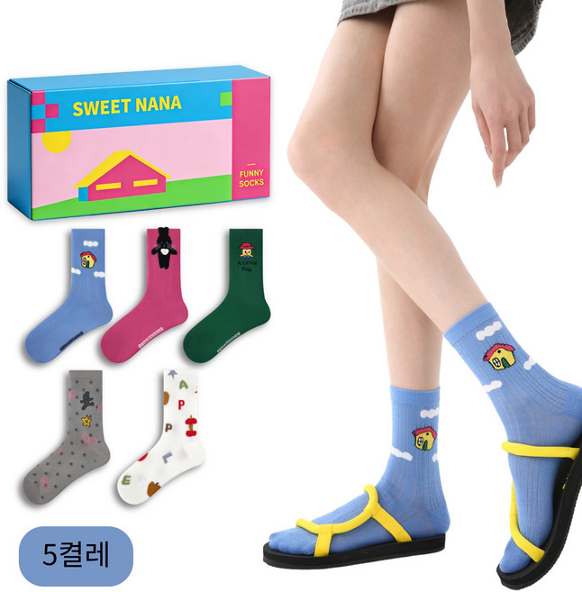 스위트나나 여성 귀여운 캐릭터 중목 패션양말 5종 세트