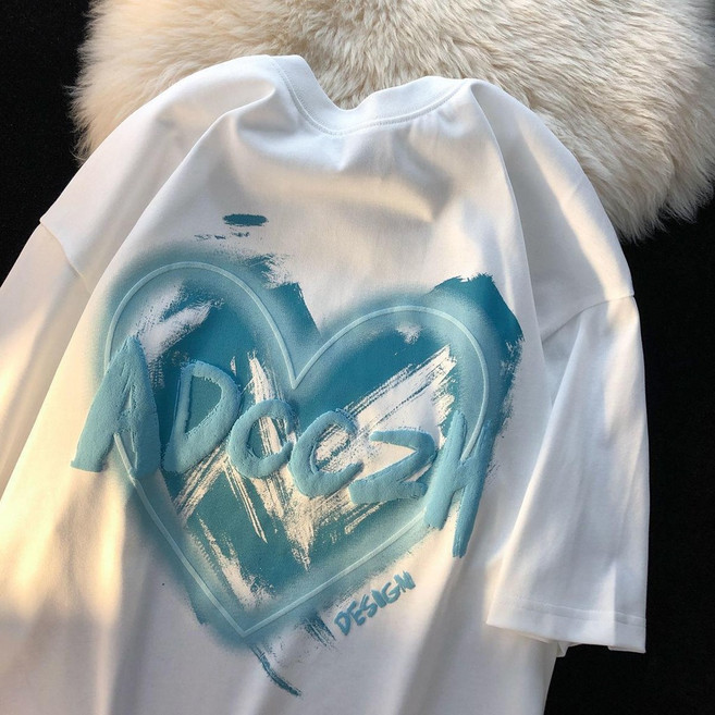 夏季寬鬆ins風愛心印花短袖T恤女 oversize慵懶風上衣舒適透氣