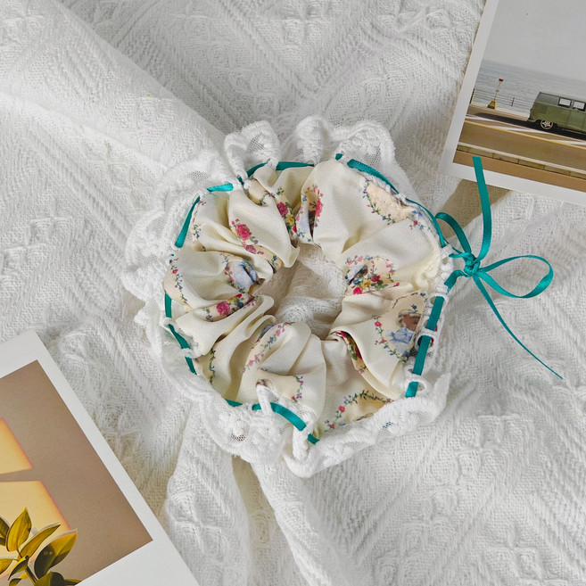 베이지 소프라워 화이트 레이스 프릴 티어 라인 리본 스크런치 헤어 밴드 롤리타 로맨틱