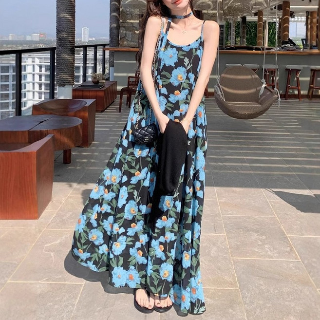 슬림소녀 여성 봄 여름 해변 바캉스 플라워 장식 나시 원피스 기질 비치 스커트