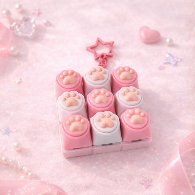 로로메라 고양이 발바닥 키보드키링 9구 별모양 고리 딸깍 스트레스해소 장난감 키캡, 1개, 블러쉬핑크