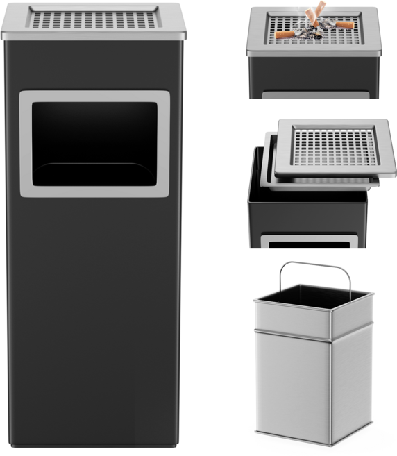 뷔이위이 재떨이 대형 스테인리스 스탠드 업소용 휴지통 겸용 재떨이, 사각형, 블랙