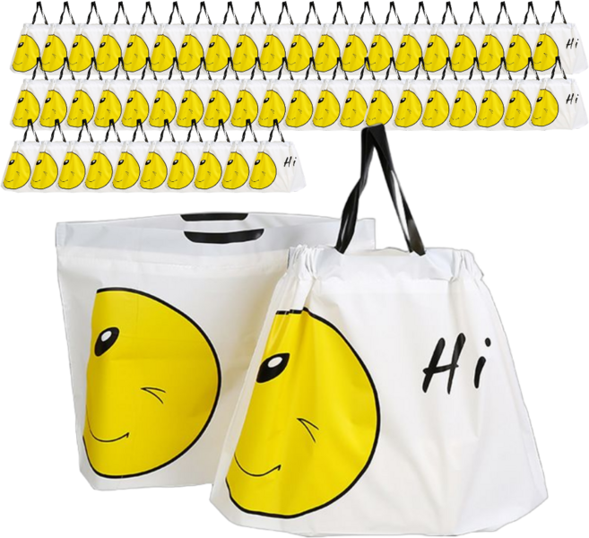 해피쇼핑 스마일 선물 포장 비닐 반투명 봉투 손잡이 쇼핑백 복주머니 간식 테이크아웃봉투, 50개