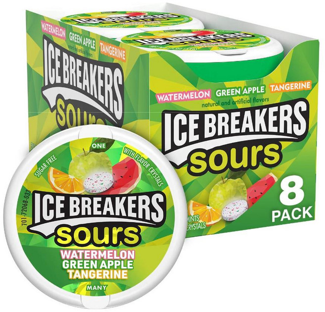 ICE BREAKERS Sours Assorted Fruit Flavored Sugar Free Mints 아이스 브레이커 사워 모듬 과일 맛 무설탕 민트 틴 1.5온스(8개입, 8개, 42g