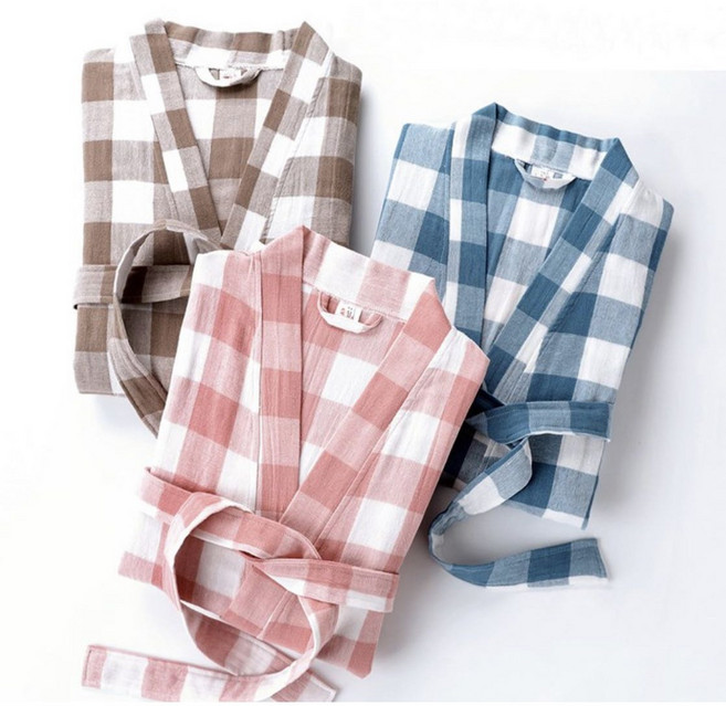 클래식 로브 체크 가운 거즈 2중 순면 샤워 골프 수유 파자마 3COLOR